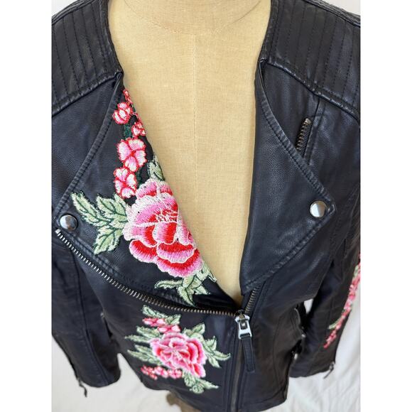 Top Shop Black Faux Leather Embroidered Moto Jacket Womens 10 / Medium #1-0166 - Picture 6 of 13